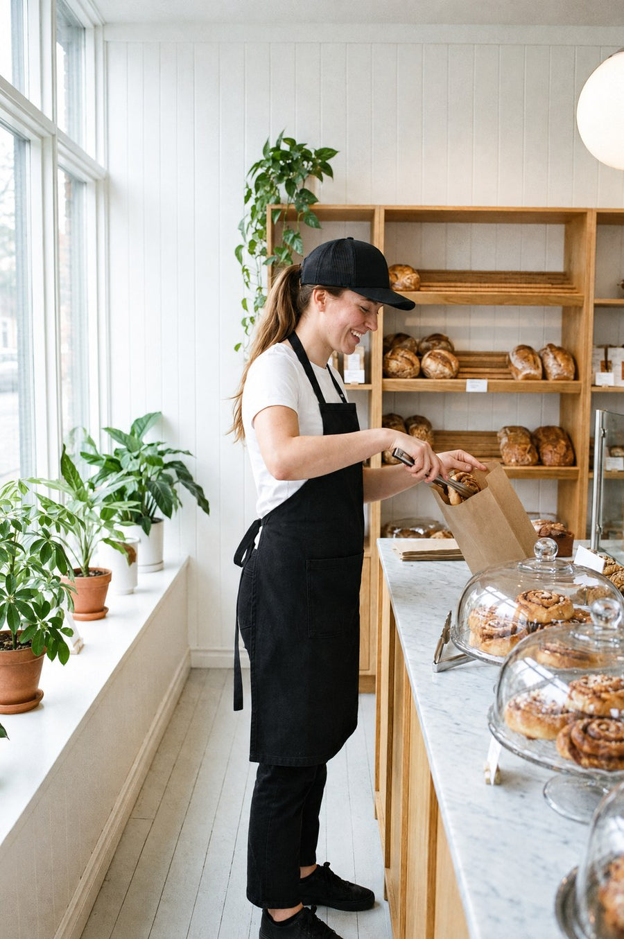Cinnamon bun counter: restaurant staff in custom embroidered Black 1080 canvas apron with logo