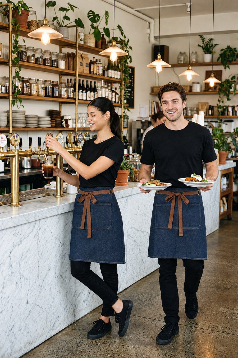 Brunch shift: restaurant staff in custom embroidered Indigo 1085 denim half aprons with logo