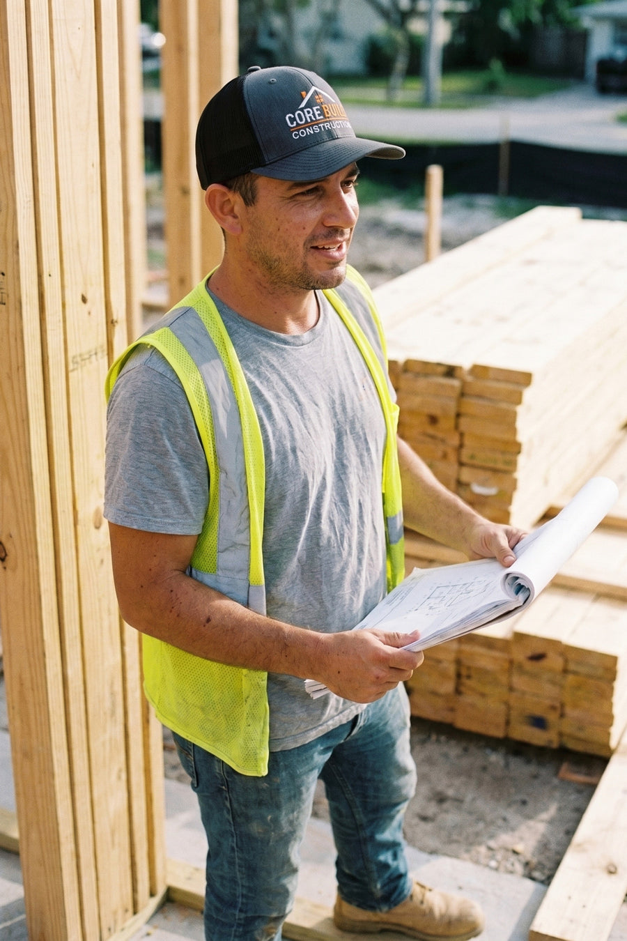 Construction crew lead in a custom embroidered charcoal and black Richardson 112 cap