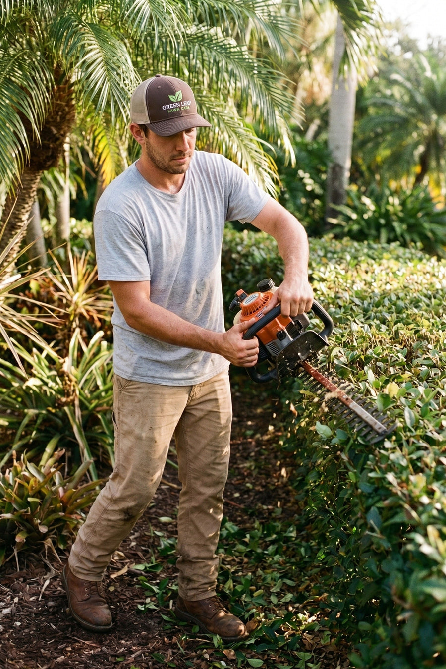 Landscaper in a custom embroidered brown and khaki Richardson 112 cap with a leaf logo